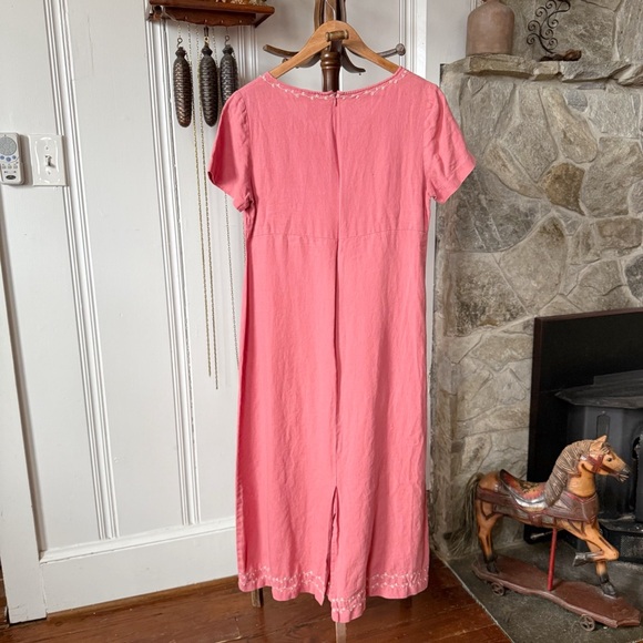 90s Linen Embroidered Pink Short Sleeve Midi Dress - Picture 6 of 6